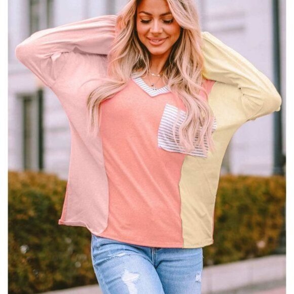 Tops - Striped Color Block Splicing Long Sleeve T Shirt X LARGE  (9998)